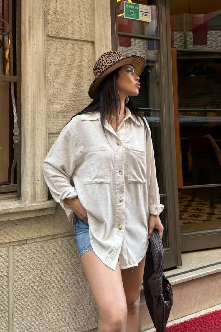 Beige Oversized Casual Polo Neck Shirt