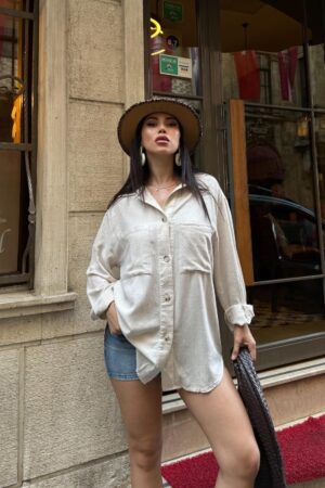 Beige Oversized Casual Polo Neck Shirt - Brand: XLove - Women & Kids, Baby Clothes Wholesale - Globality Store