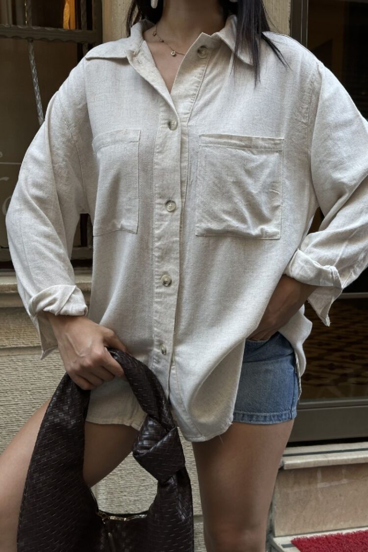 Beige Oversized Casual Polo Neck Shirt