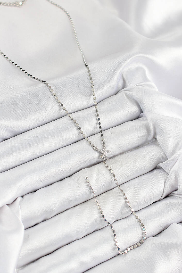 Brass Zircon Stone Crush Chain Starfish Model Silver Color Y Necklace