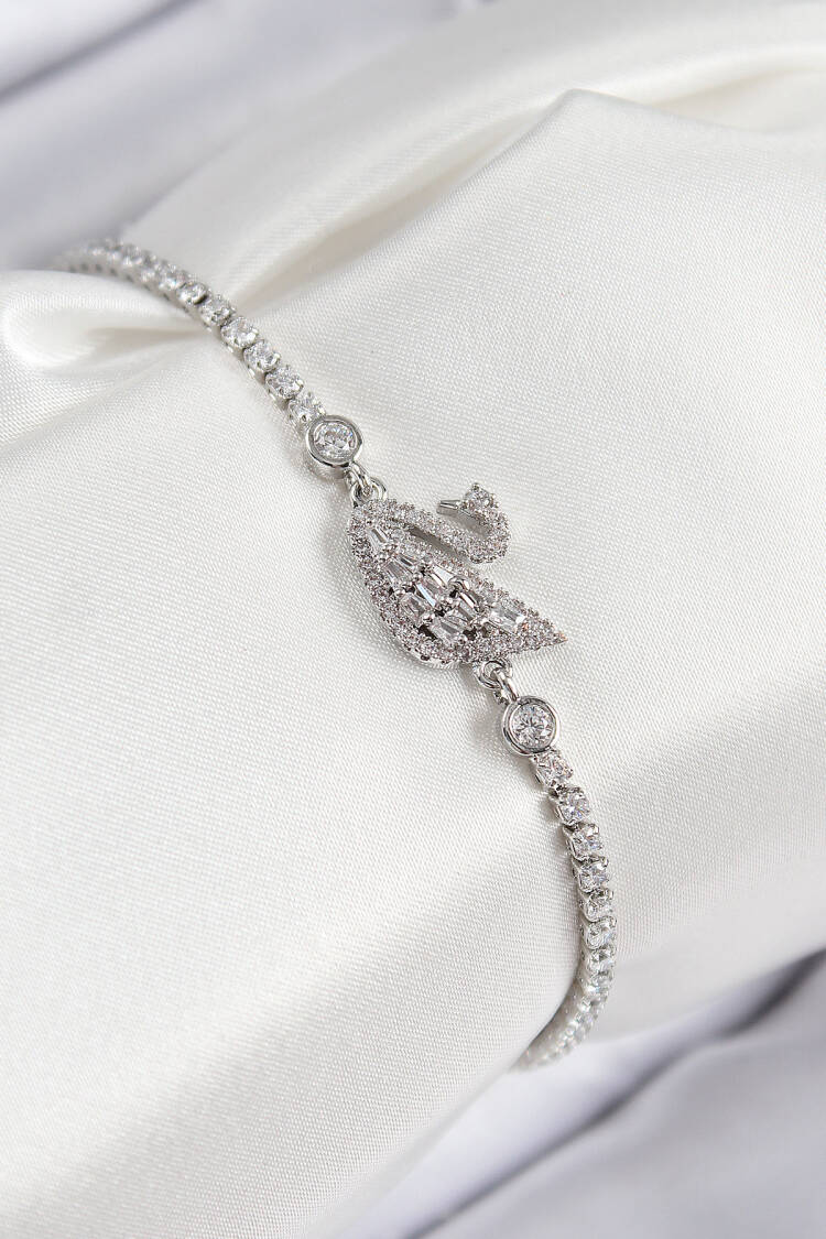 Brass Zircon Stone Swan Model Silver Color Women's Bracelet - Brand: Ebijuteri - Women & Kids, Baby Clothes Wholesale - Globality Store