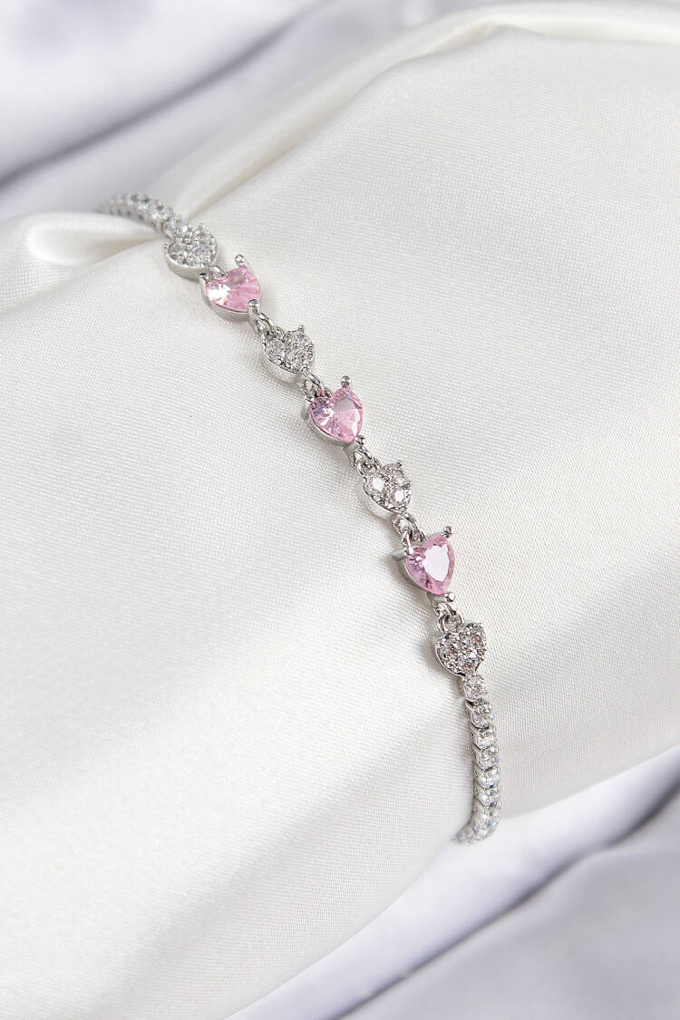 Pink Heart Pattern Silver Color Women's Bracelet With Brass Zircon Stone - Brand: Ebijuteri - Women & Kids, Baby Clothes Wholesale - Globality Store