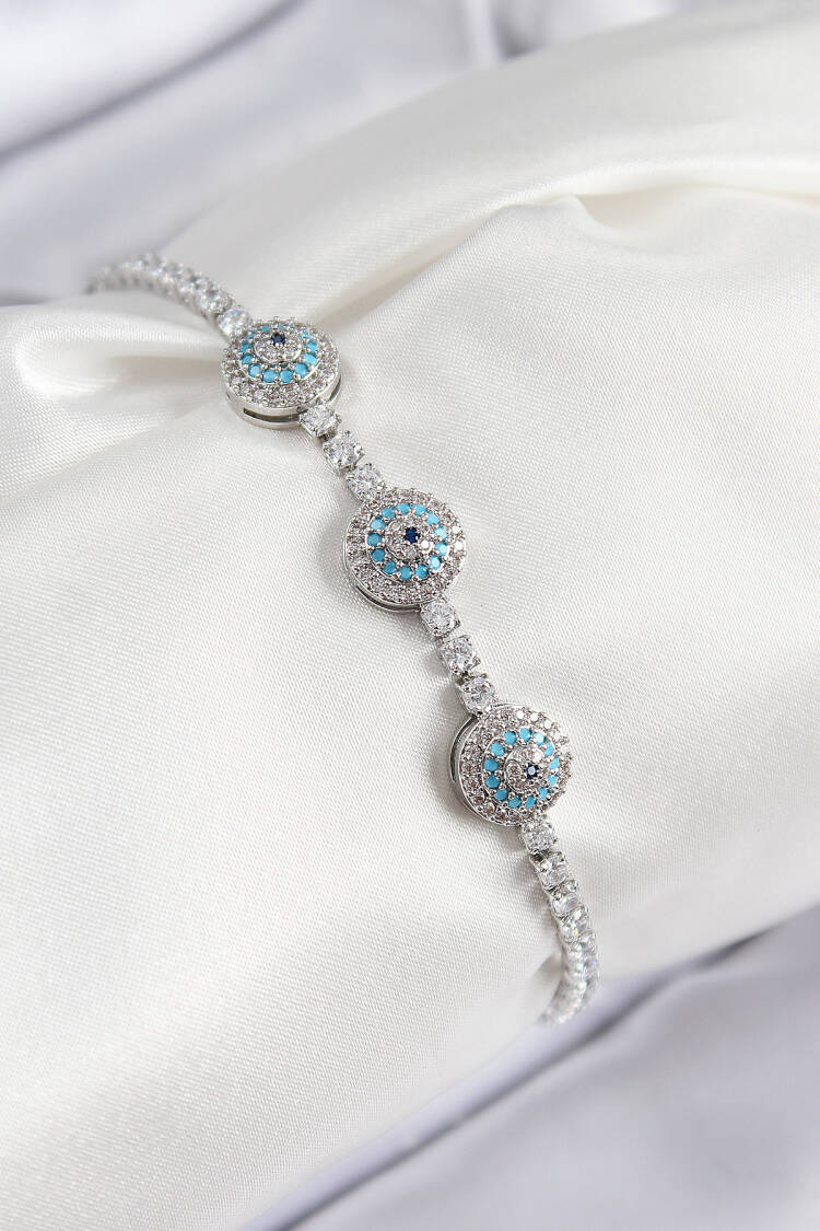 Brass Zircon Stone Evil Eye Model Silver Color Women's Bracelet - Brand: Ebijuteri - Women & Kids, Baby Clothes Wholesale - Globality Store