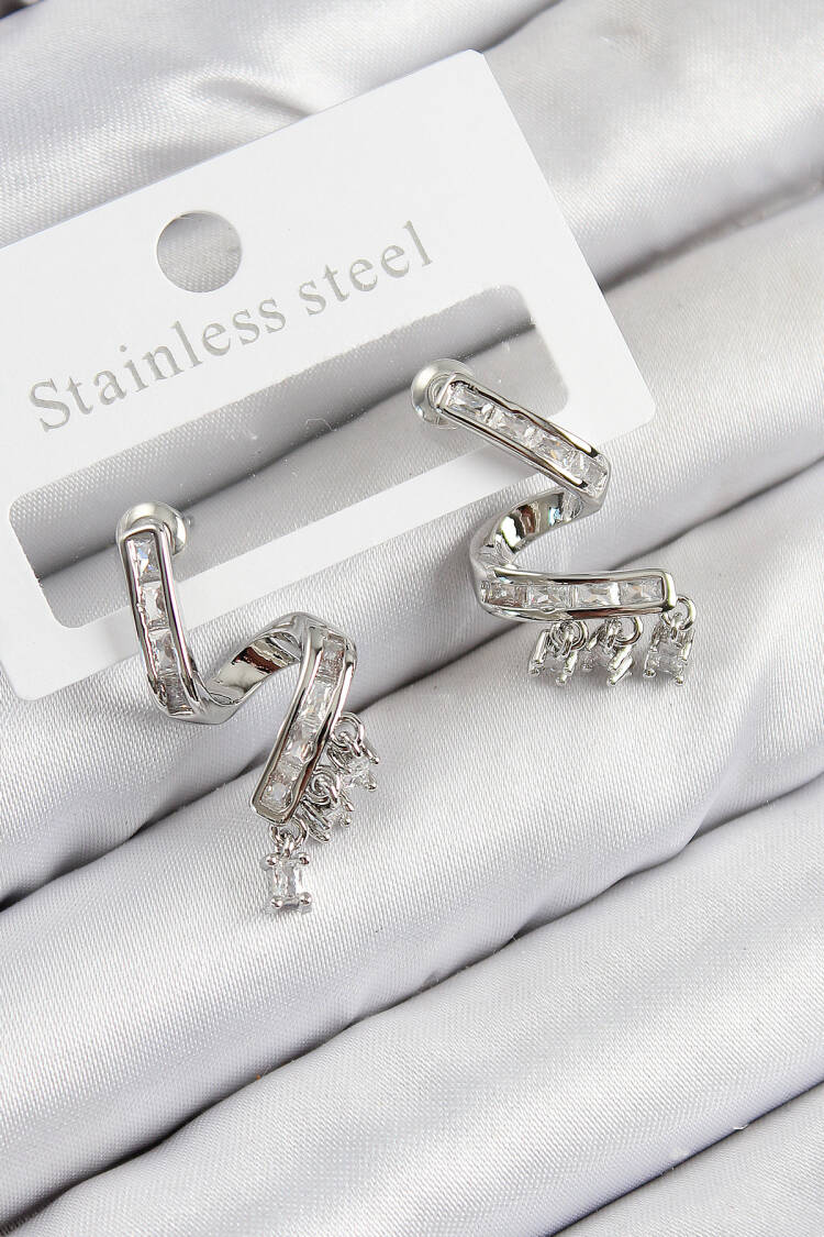 Brass Zircon Stone Curved Pattern Silver Color Women's Earrings - Brand: Ebijuteri - Women & Kids, Baby Clothes Wholesale - Globality Store