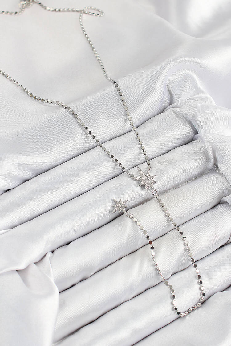 Brass Zircon Stone Crush Chain Pole Star Model Silver Color Y Necklace