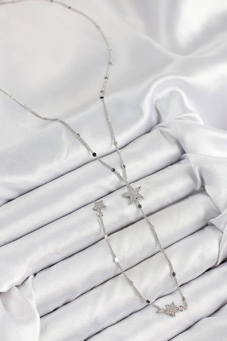 Brass Zircon Stone Star Pattern Silver Color Y Necklace