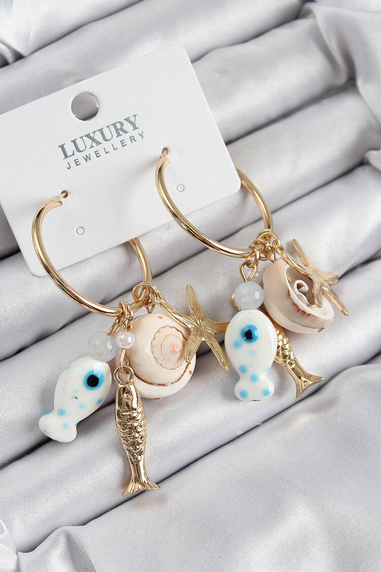 Brass Swinging Ceramic Fish And Seashells Model Gold Color Women's Earrings - Brand: Ebijuteri - Women & Kids, Baby Clothes Wholesale - Globality Store