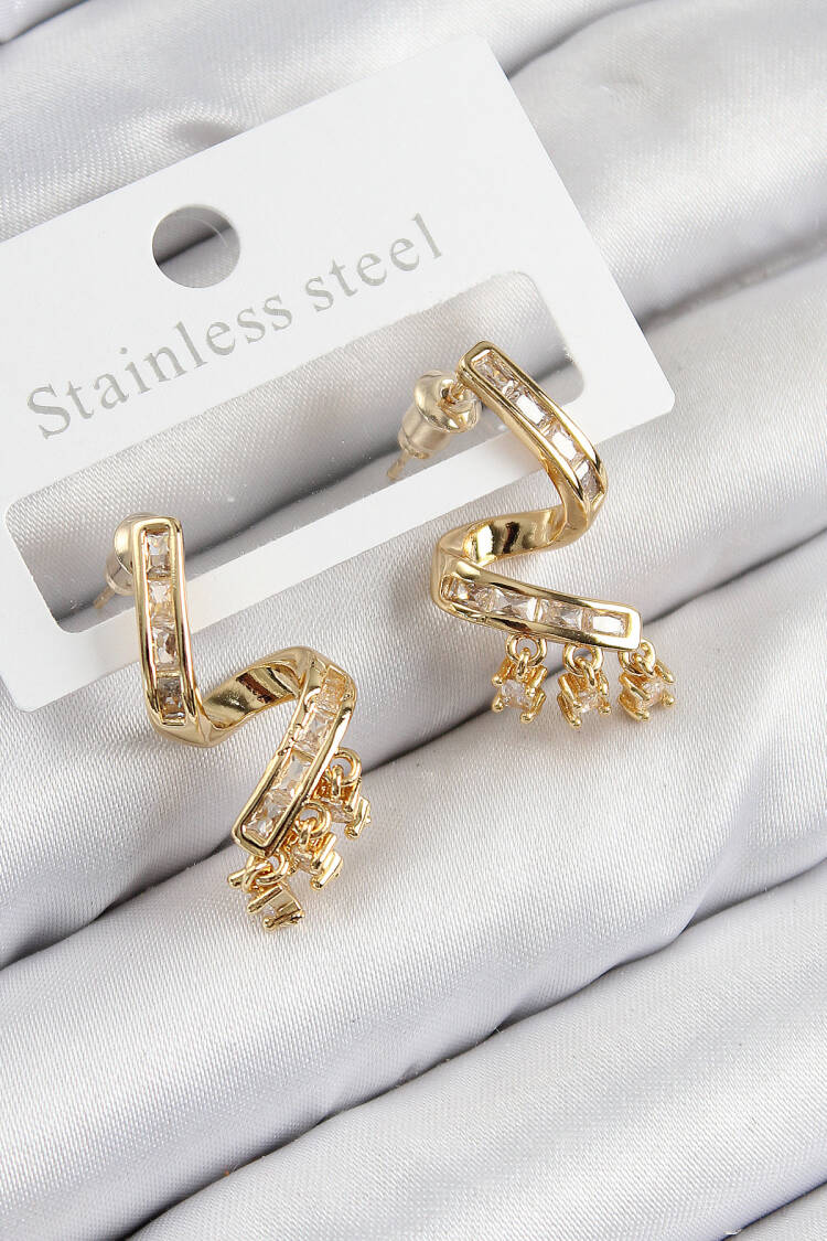 Brass Zircon Stone Curved Pattern Gold Color Women's Earrings - Brand: Ebijuteri - Women & Kids, Baby Clothes Wholesale - Globality Store