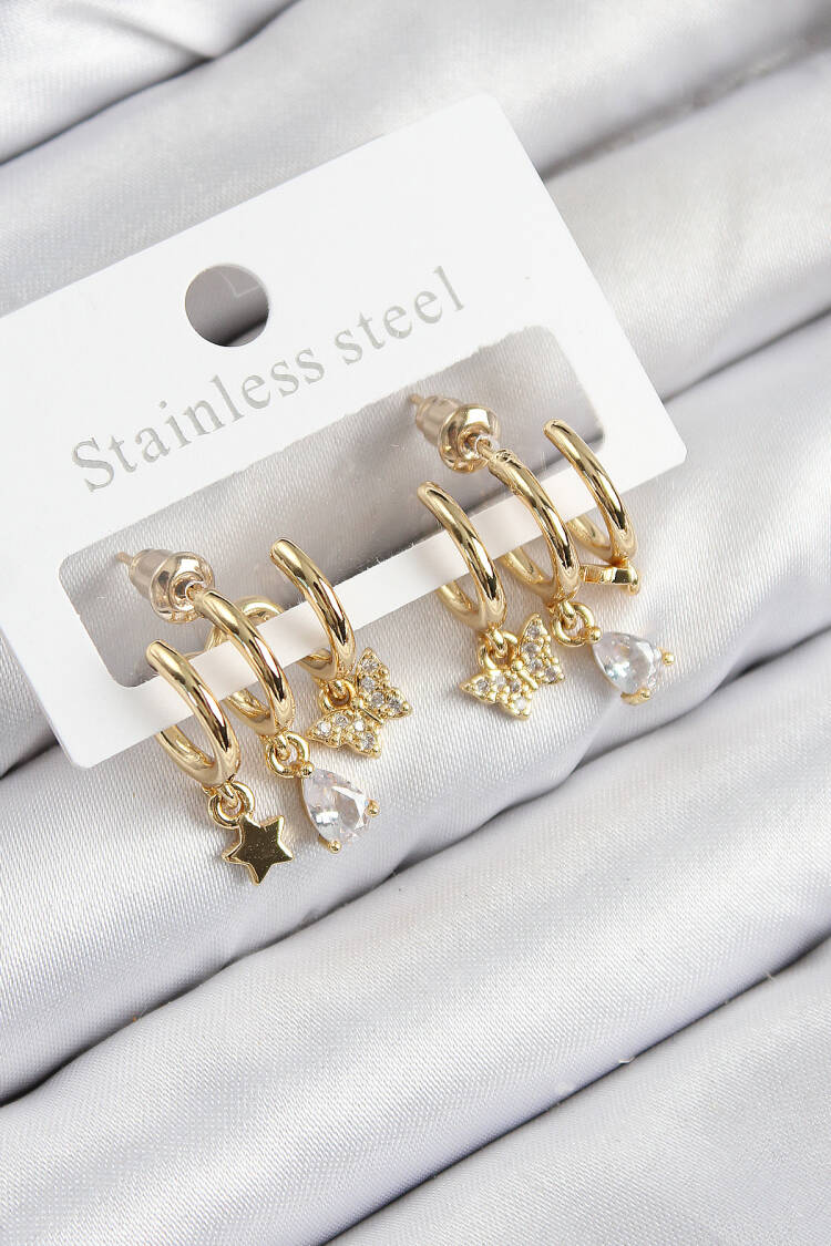 Brass Zircon Stone Star And Butterfly Pattern Gold Color Women's Earrings - Brand: Ebijuteri - Women & Kids, Baby Clothes Wholesale - Globality Store