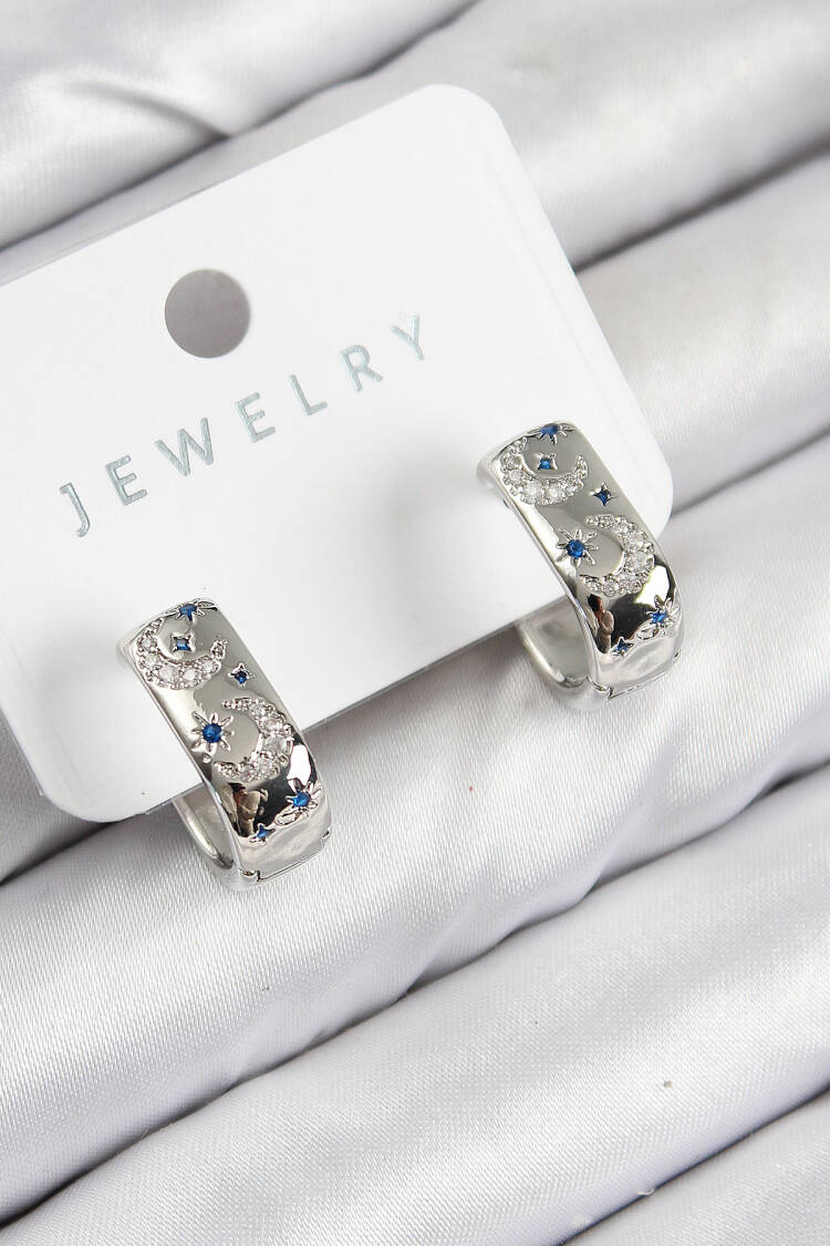 Brass Zircon Stone Moon Pattern Pattern Silver Color Women's Earrings - Brand: Ebijuteri - Women & Kids, Baby Clothes Wholesale - Globality Store