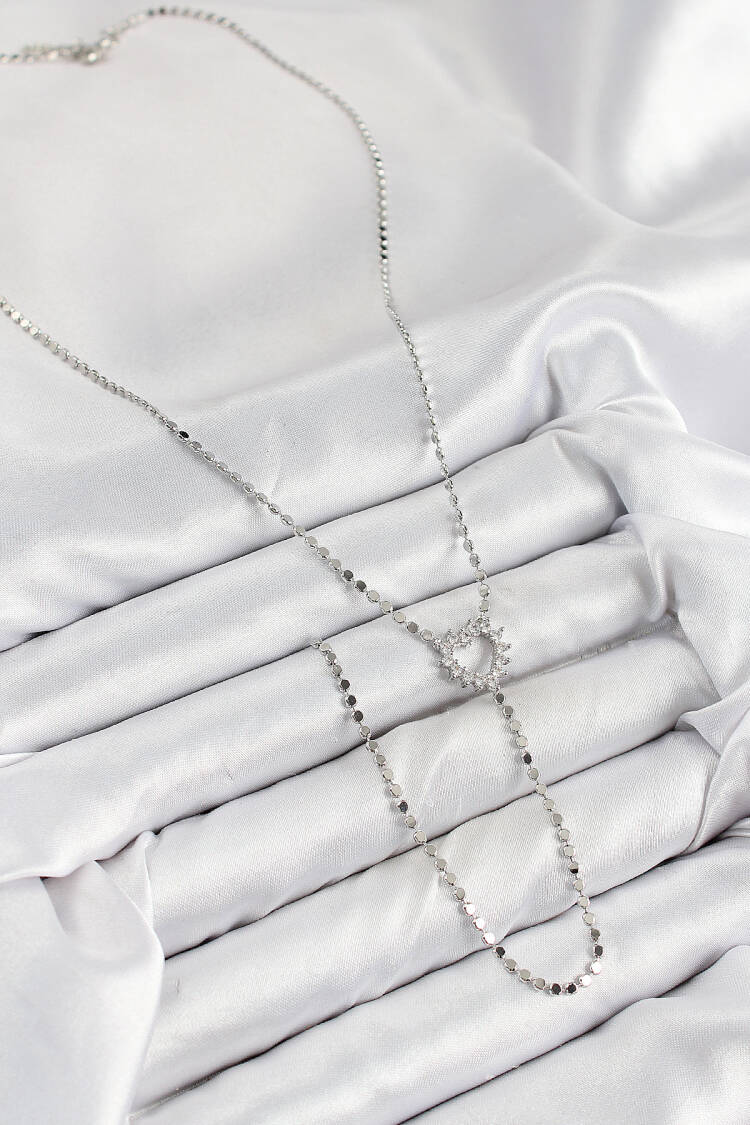 Brass Zircon Stone Crush Chain Heart Model Silver Color Y Necklace
