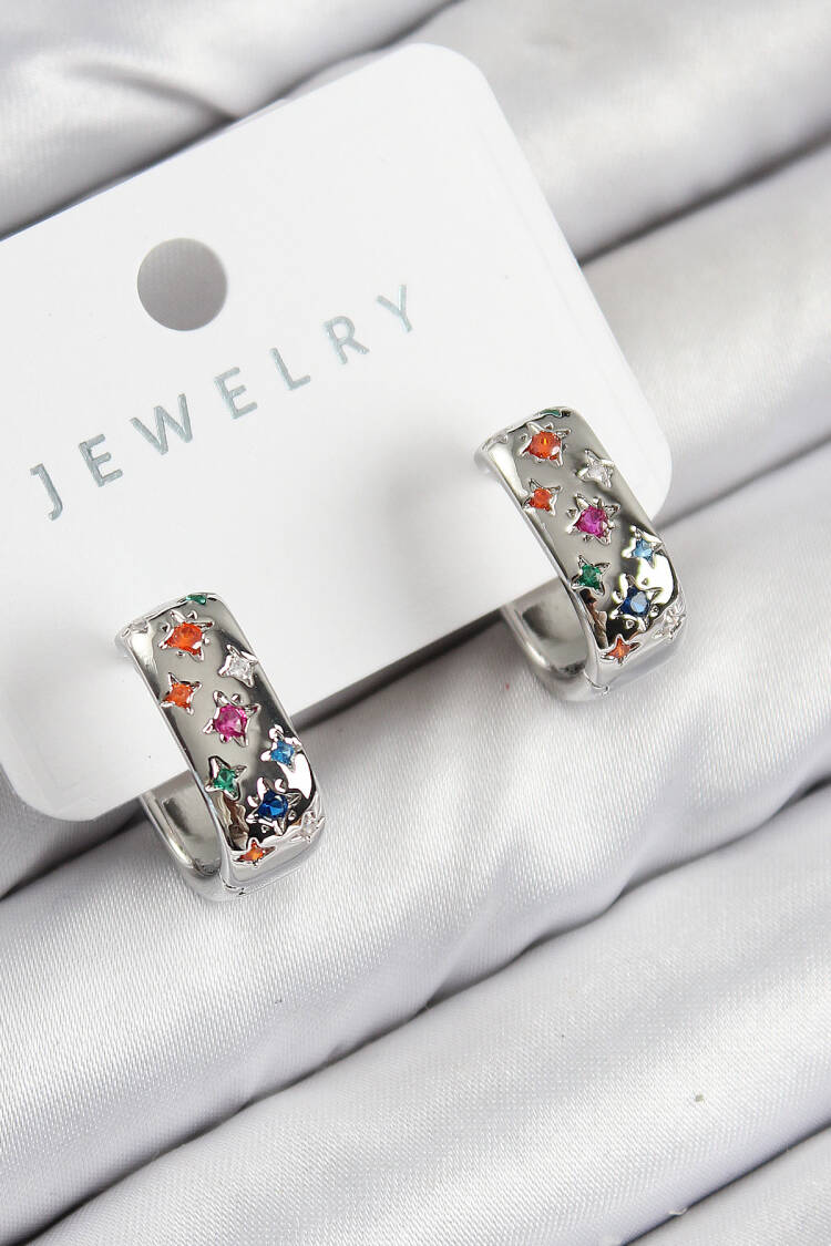 Brass Zircon Stone Star Pattern Model Silver Color Women's Earrings - Brand: Ebijuteri - Women & Kids, Baby Clothes Wholesale - Globality Store