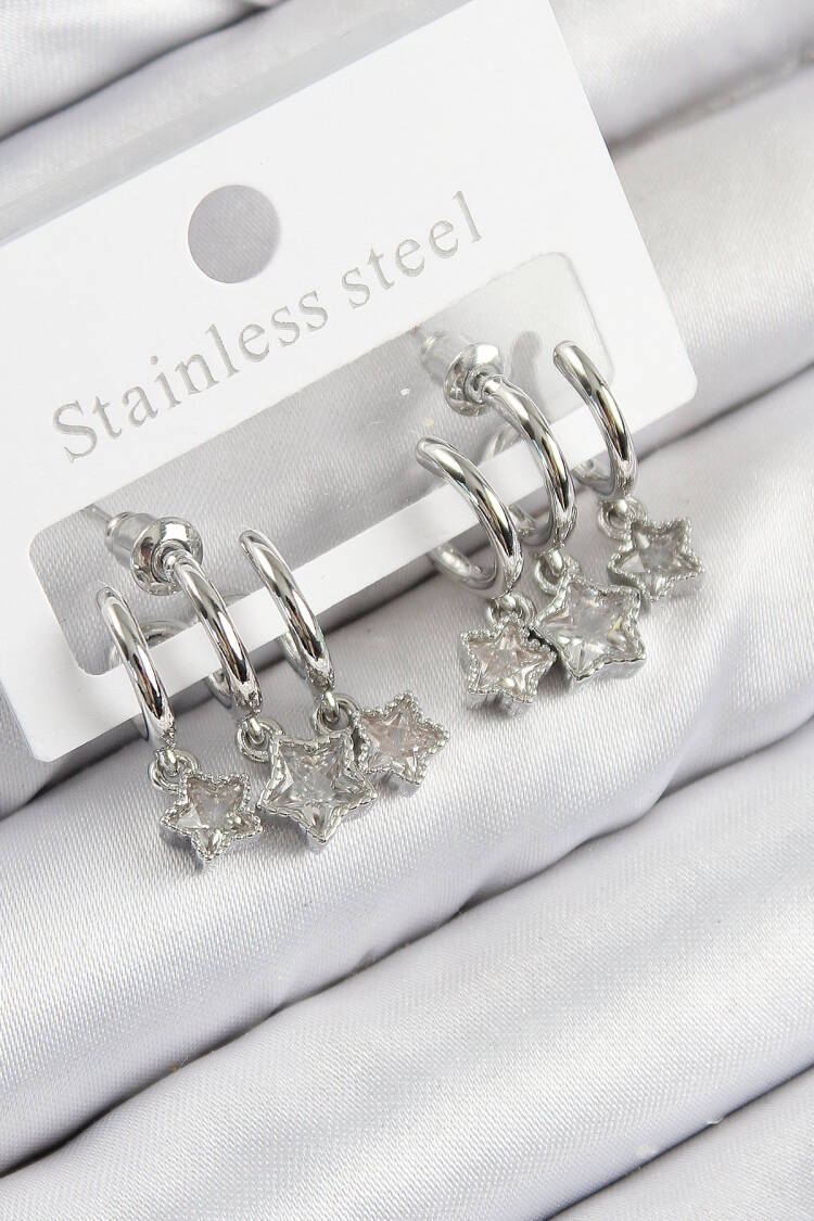 Brass Zircon Stone Swinging Star Pattern Silver Color Women's Earrings - Brand: Ebijuteri - Women & Kids, Baby Clothes Wholesale - Globality Store