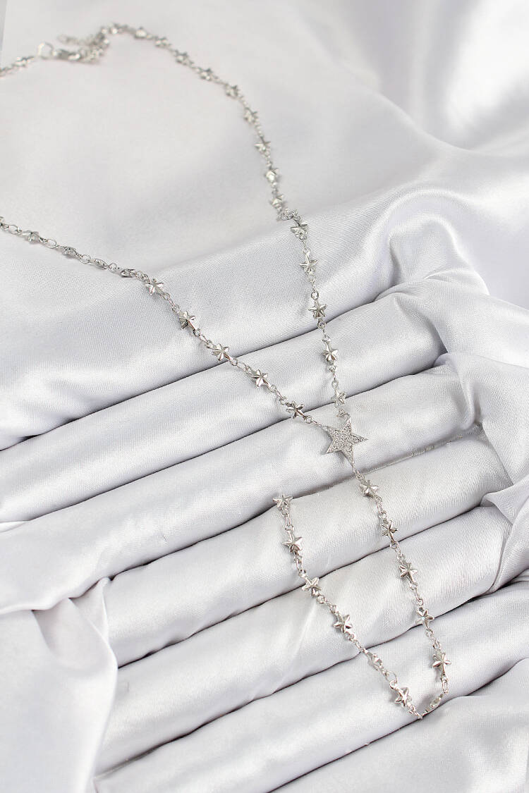 Brass Zircon Stone Star Pattern Silver Color Y Necklace