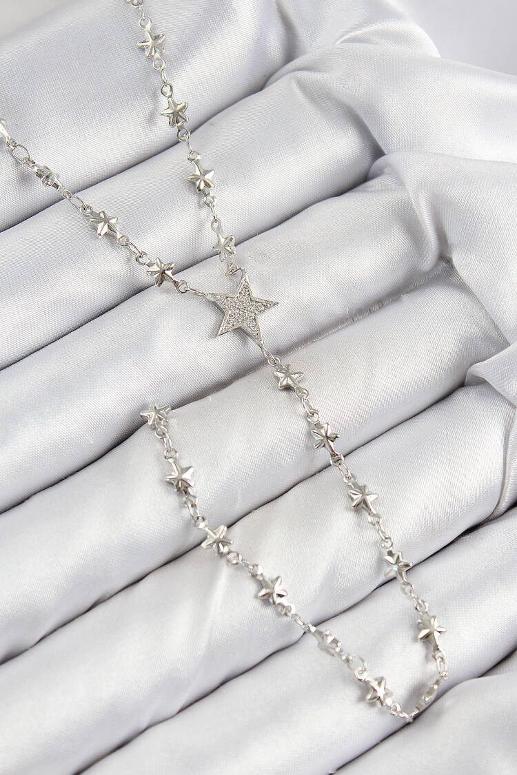 Brass Zircon Stone Star Pattern Silver Color Y Necklace - Brand: Ebijuteri - Women & Kids, Baby Clothes Wholesale - Globality Store