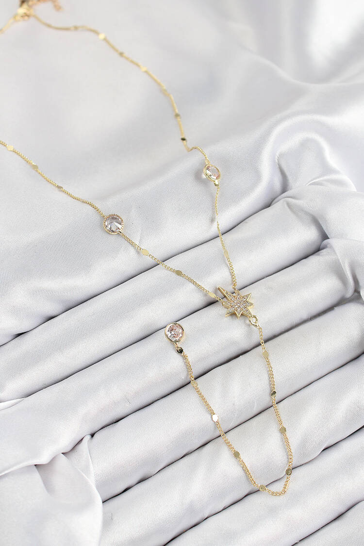 Brass Zircon Stone Pole Star Model Gold Color Y Necklace