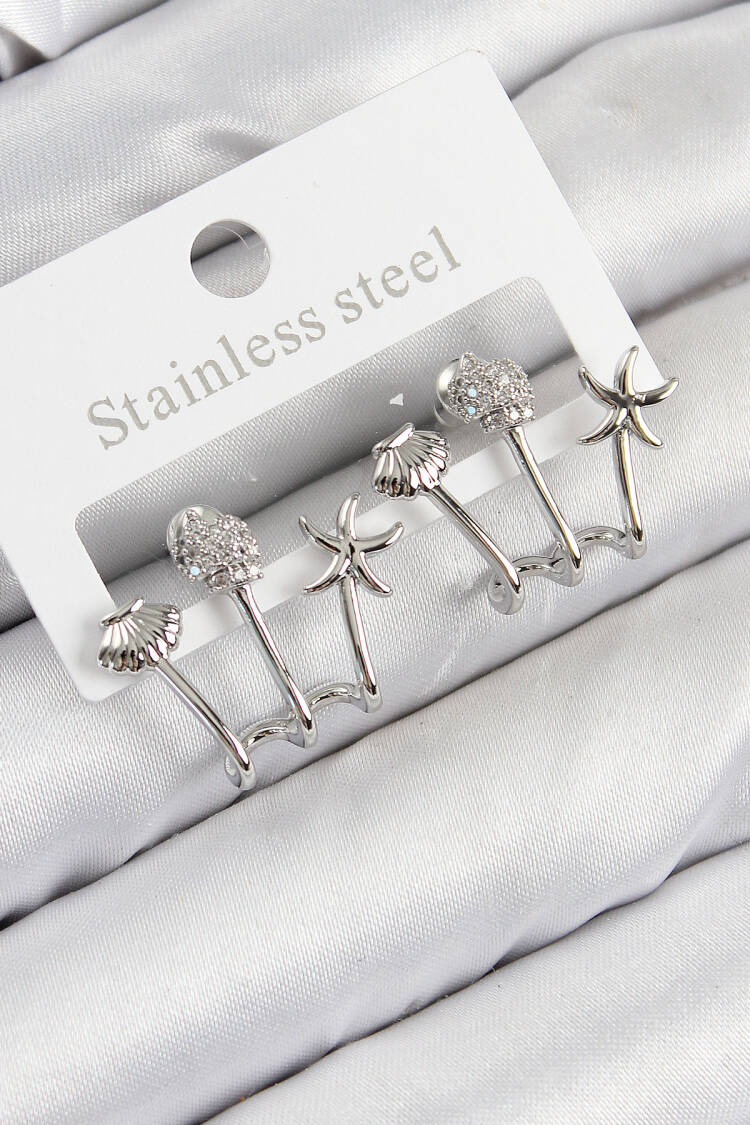 Brass Zircon Stone Starfish And Oyster Pattern Silver Color Women's Earrings - Brand: Ebijuteri - Women & Kids, Baby Clothes Wholesale - Globality Store