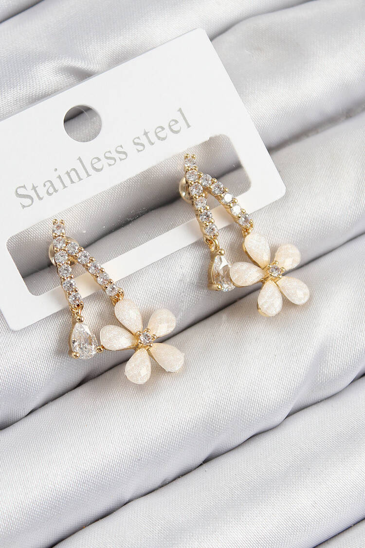 Brass Zircon Stone Daisy Model Gold Color Women's Earrings - Brand: Ebijuteri - Women & Kids, Baby Clothes Wholesale - Globality Store