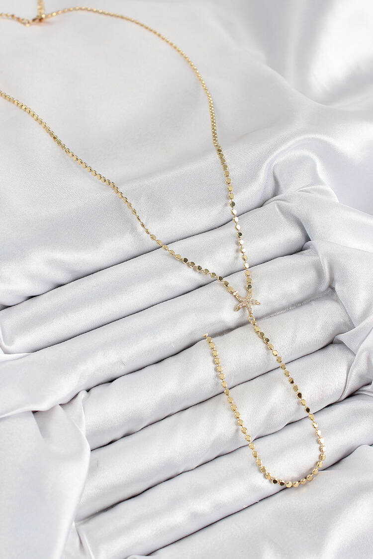 Brass Zircon Stone Crush Chain Starfish Model Gold Color Y Necklace