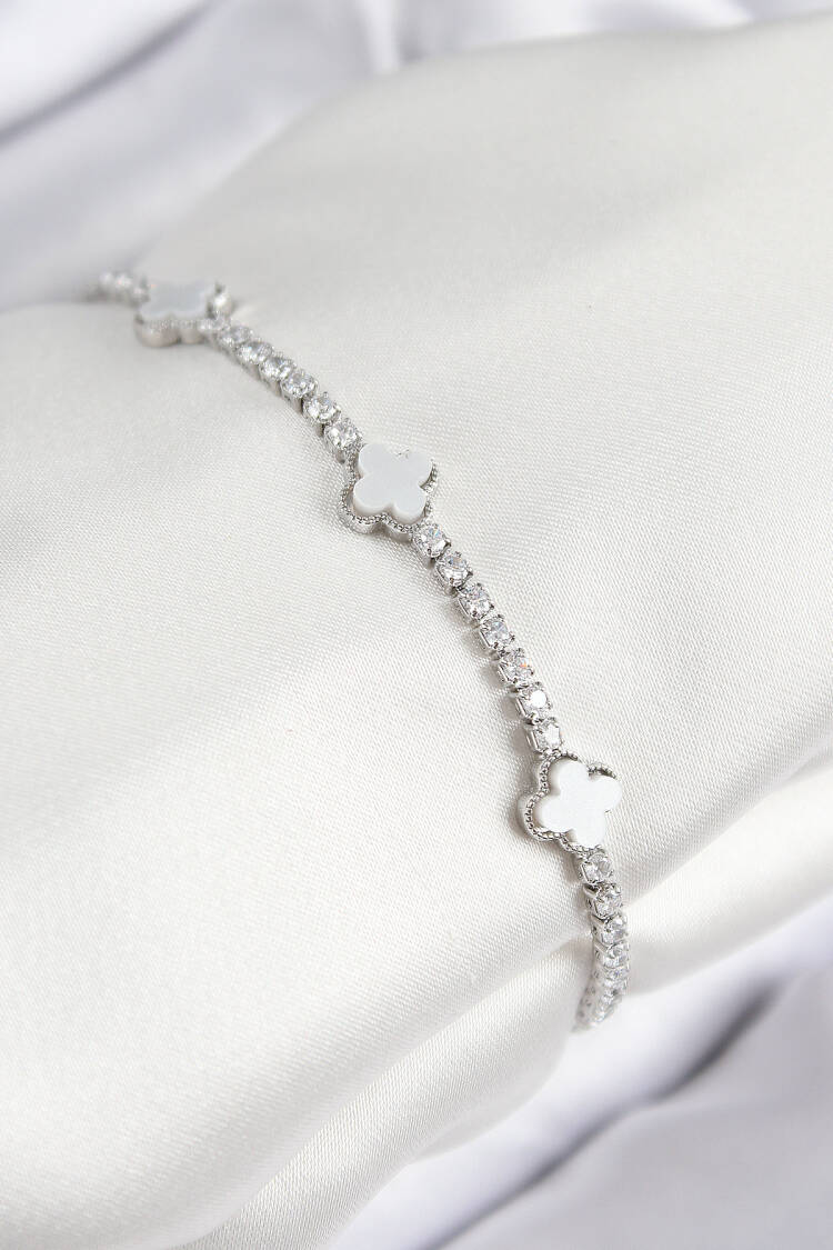 Brass Zircon Stone Clover Pattern Silver Color Women's Bracelet - Brand: Ebijuteri - Women & Kids, Baby Clothes Wholesale - Globality Store