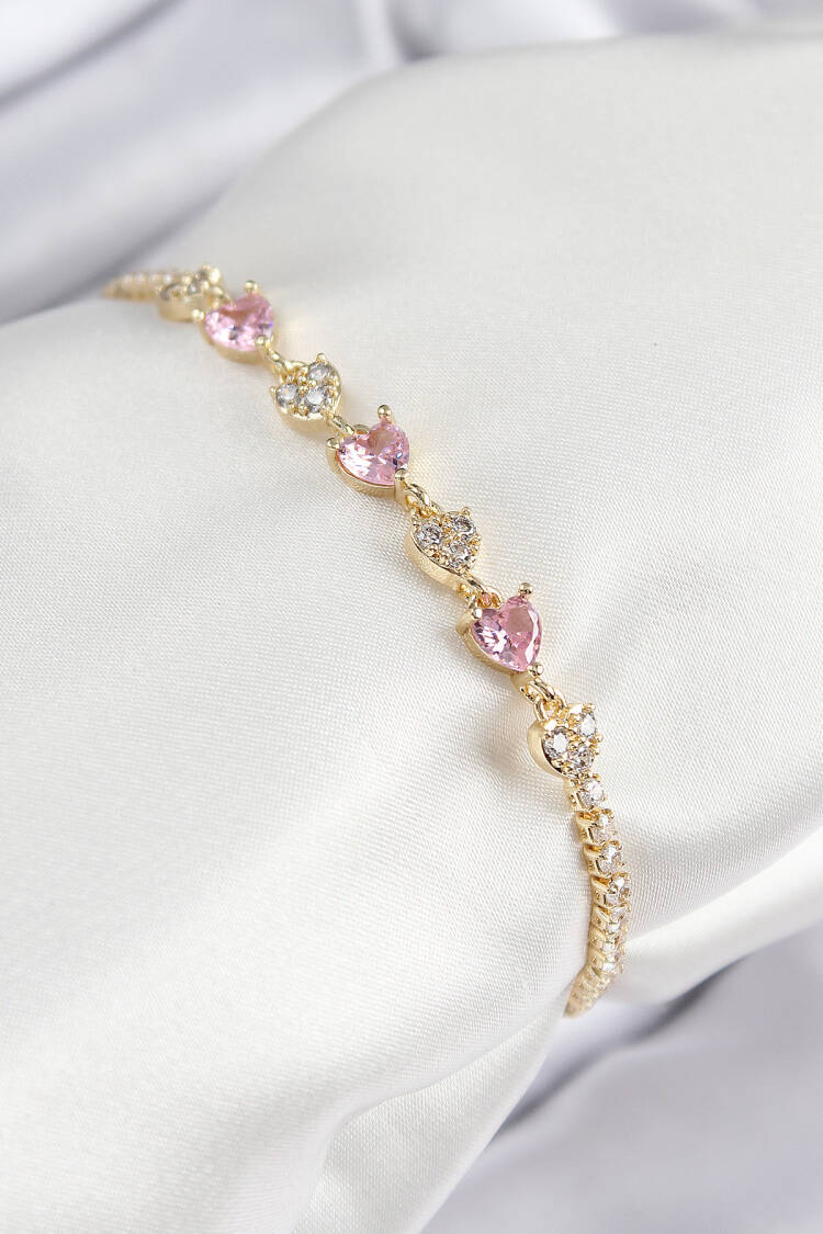 Pink Heart Model Gold Color Women's Bracelet With Brass Zircon Stone - Brand: Ebijuteri - Women & Kids, Baby Clothes Wholesale - Globality Store
