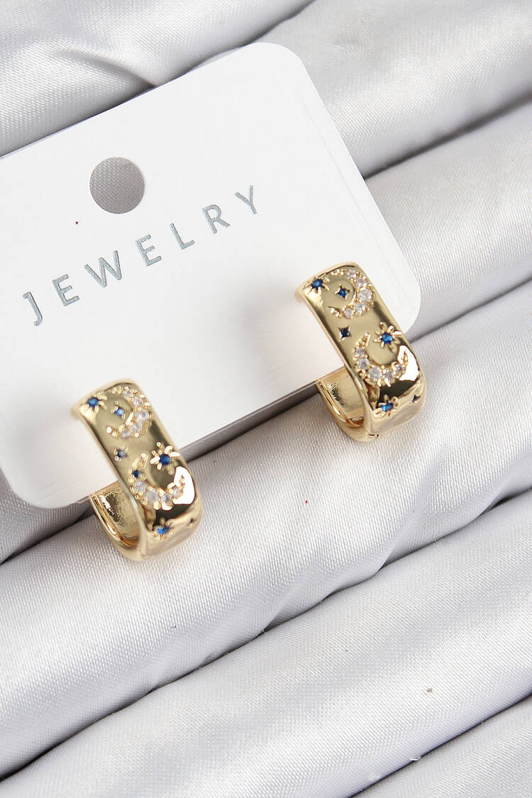 Brass Zircon Stone Moon Pattern Pattern Gold Color Women's Earrings - Brand: Ebijuteri - Women & Kids, Baby Clothes Wholesale - Globality Store
