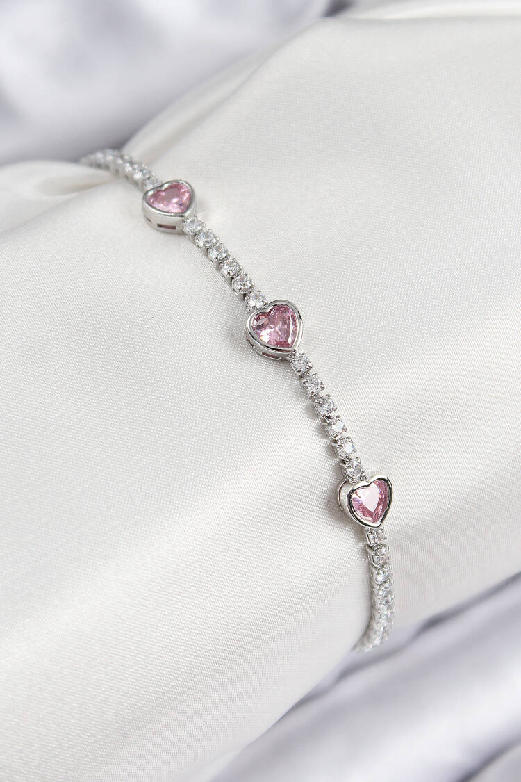 Pink Heart Pattern Silver Color Women's Bracelet With Brass Zircon Stone - Brand: Ebijuteri - Women & Kids, Baby Clothes Wholesale - Globality Store