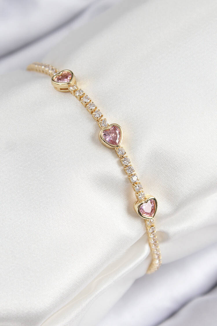 Pink Heart Model Gold Color Women's Bracelet With Brass Zircon Stone - Brand: Ebijuteri - Women & Kids, Baby Clothes Wholesale - Globality Store