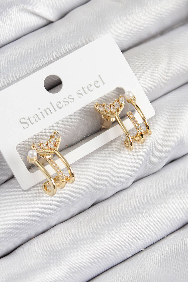 Brass Zircon Stone Pearl Detailed Fishtail Model Gold Color Women's Earrings - Brand: Ebijuteri - Women & Kids, Baby Clothes Wholesale - Globality Store