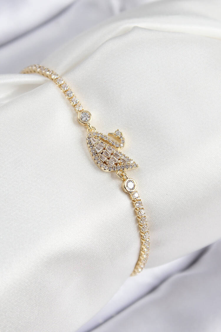 Brass Zircon Stone Swan Model Gold Color Women's Bracelet - Brand: Ebijuteri - Women & Kids, Baby Clothes Wholesale - Globality Store
