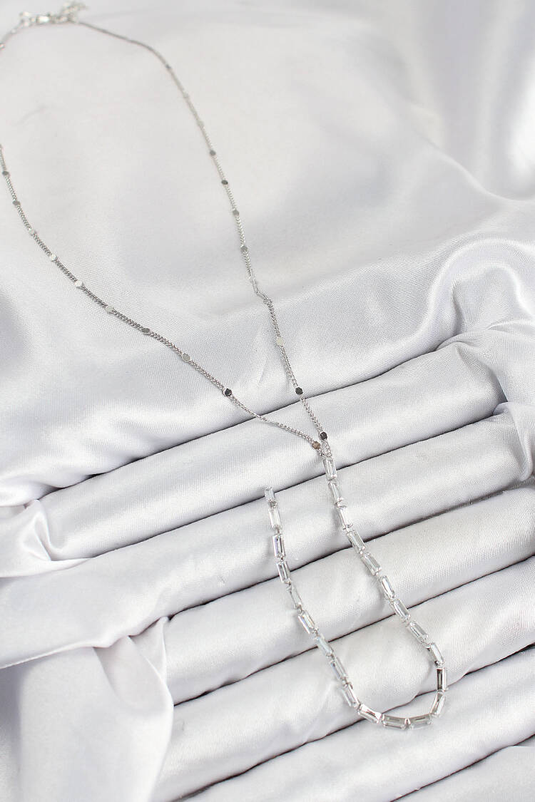 Brass Zircon Stone Pattern Silver Color Y Necklace