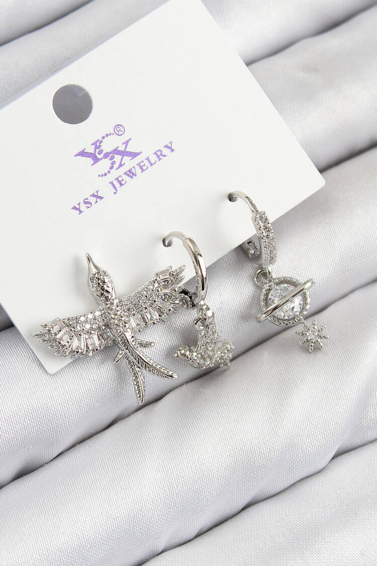 Brass Zircon Stone 3-Piece Bird Pattern Silver Color Women's Earrings - Brand: Ebijuteri - Women & Kids, Baby Clothes Wholesale - Globality Store