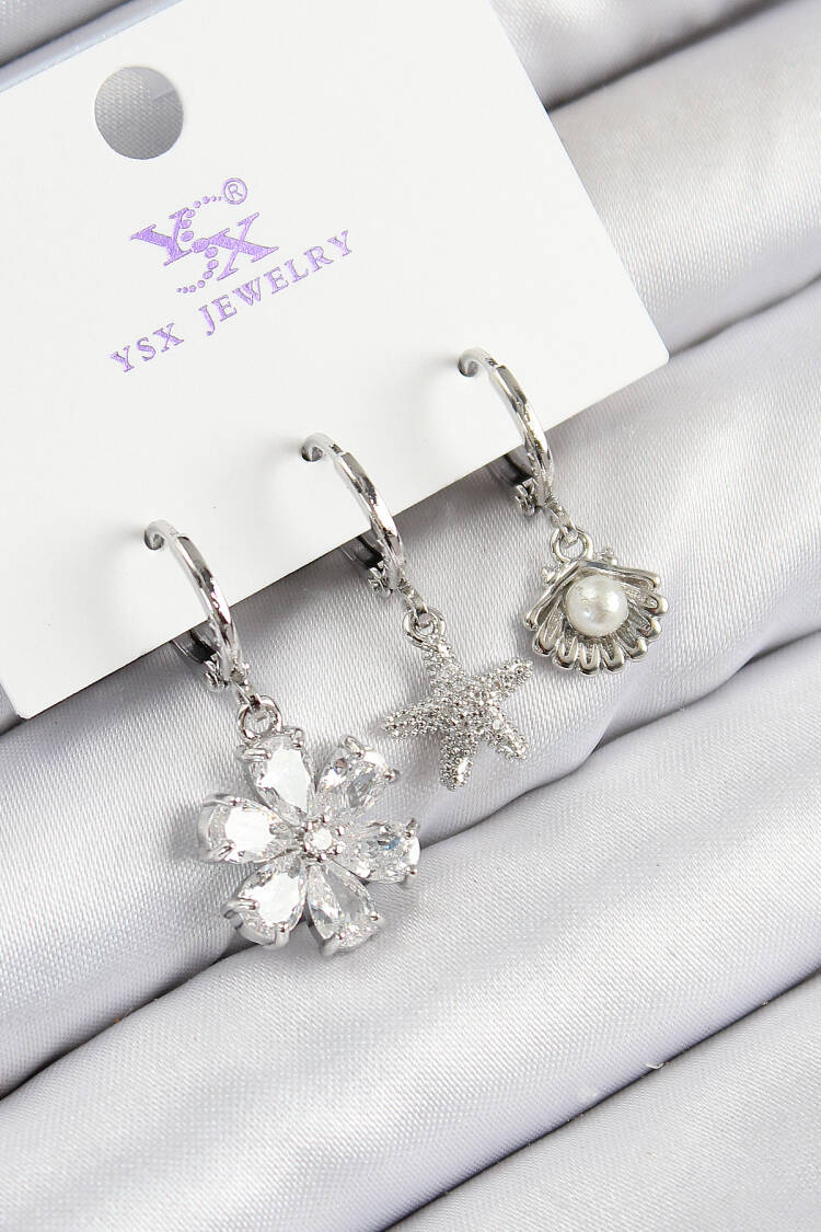 Brass Zircon Stone 3pcs Flower And Oyster Pattern Silver Color Women's Earrings - Brand: Ebijuteri - Women & Kids, Baby Clothes Wholesale - Globality Store