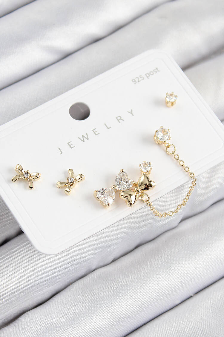Brass Zircon Stone Bow Model Gold Color 925 Sterling Silver Stud Women Earrings Set - Brand: Ebijuteri - Women & Kids, Baby Clothes Wholesale - Globality Store
