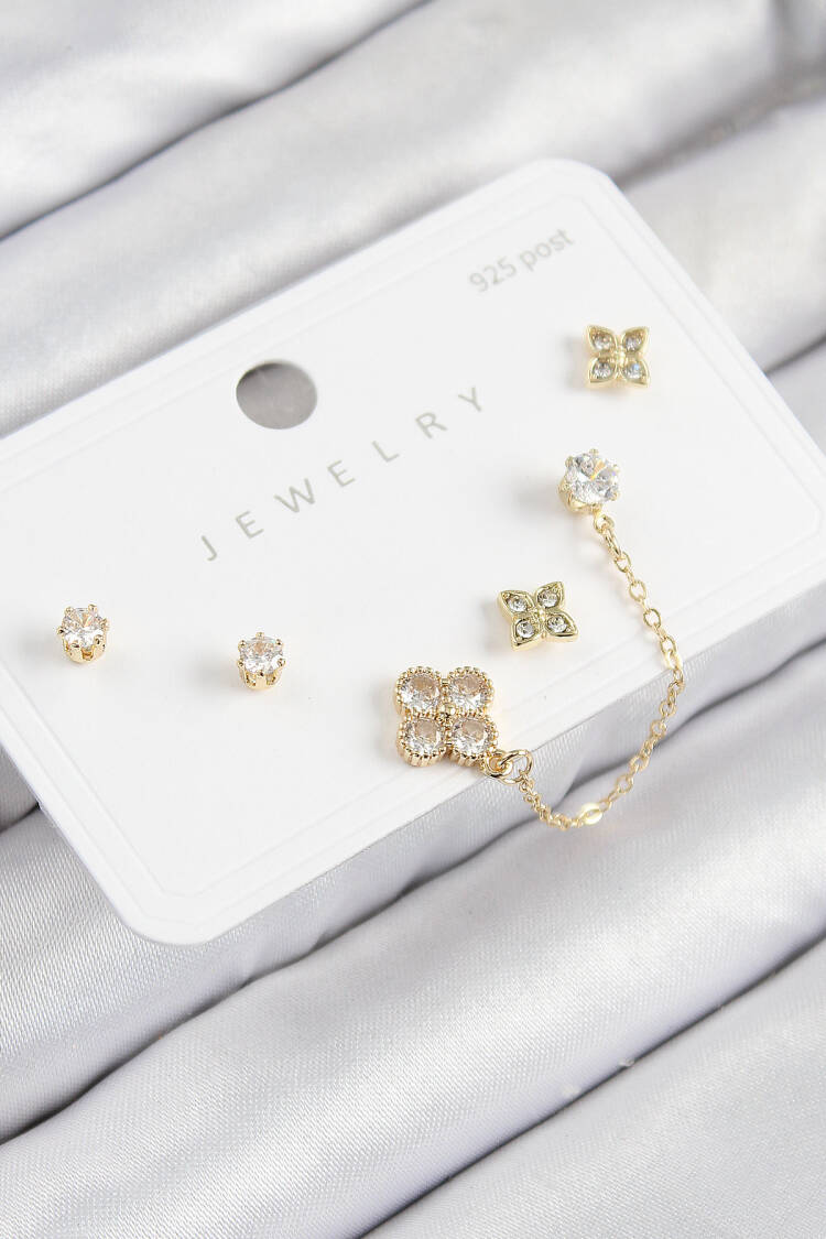 Brass Zircon Stone Clover Pattern Gold Color 925 Sterling Silver Stud Women Earrings Set - Brand: Ebijuteri - Women & Kids, Baby Clothes Wholesale - Globality Store