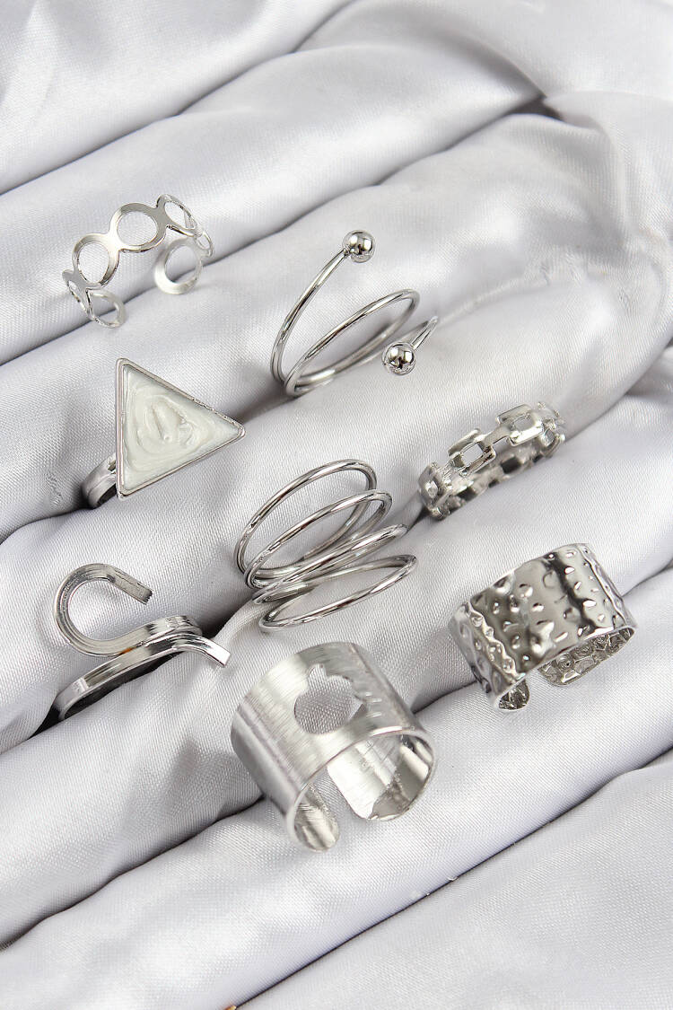 Brass Triangle Pattern Silver Color Women Ring Combination Set - Brand: Ebijuteri - Women & Kids, Baby Clothes Wholesale - Globality Store