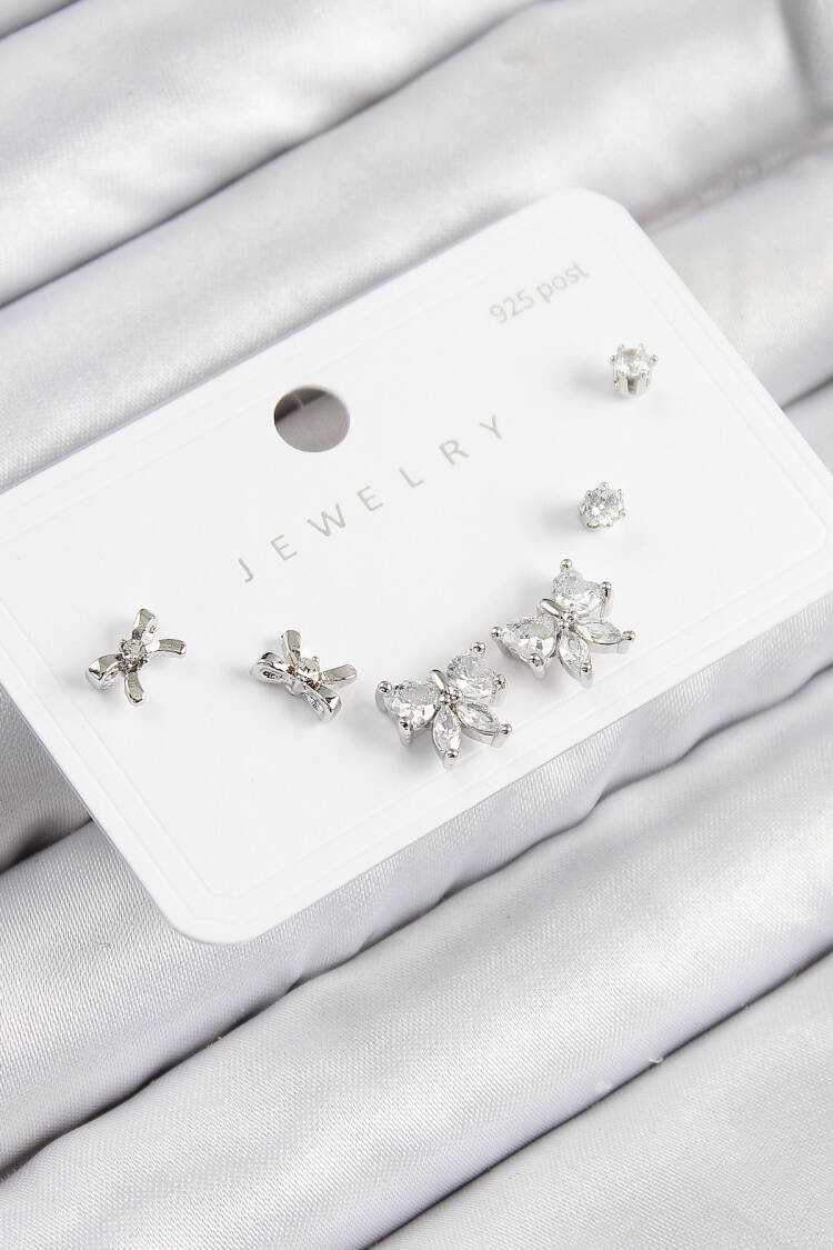 Brass Zircon Stone Bow Pattern Silver Color 925 Sterling Silver Stud Women Earrings Set - Brand: Ebijuteri - Women & Kids, Baby Clothes Wholesale - Globality Store