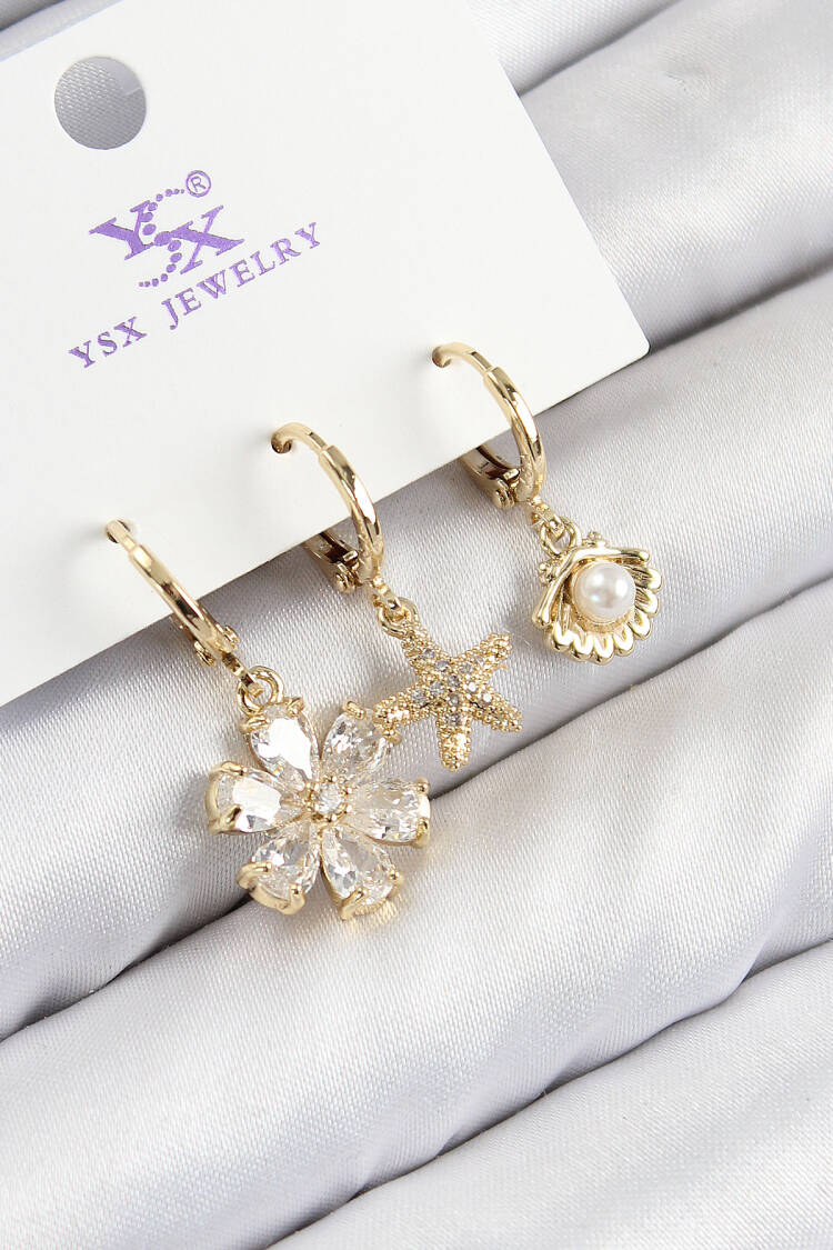 Brass Zircon Stone 3-Piece Oyster And Flower Pattern Gold Color Women's Earrings - Brand: Ebijuteri - Women & Kids, Baby Clothes Wholesale - Globality Store