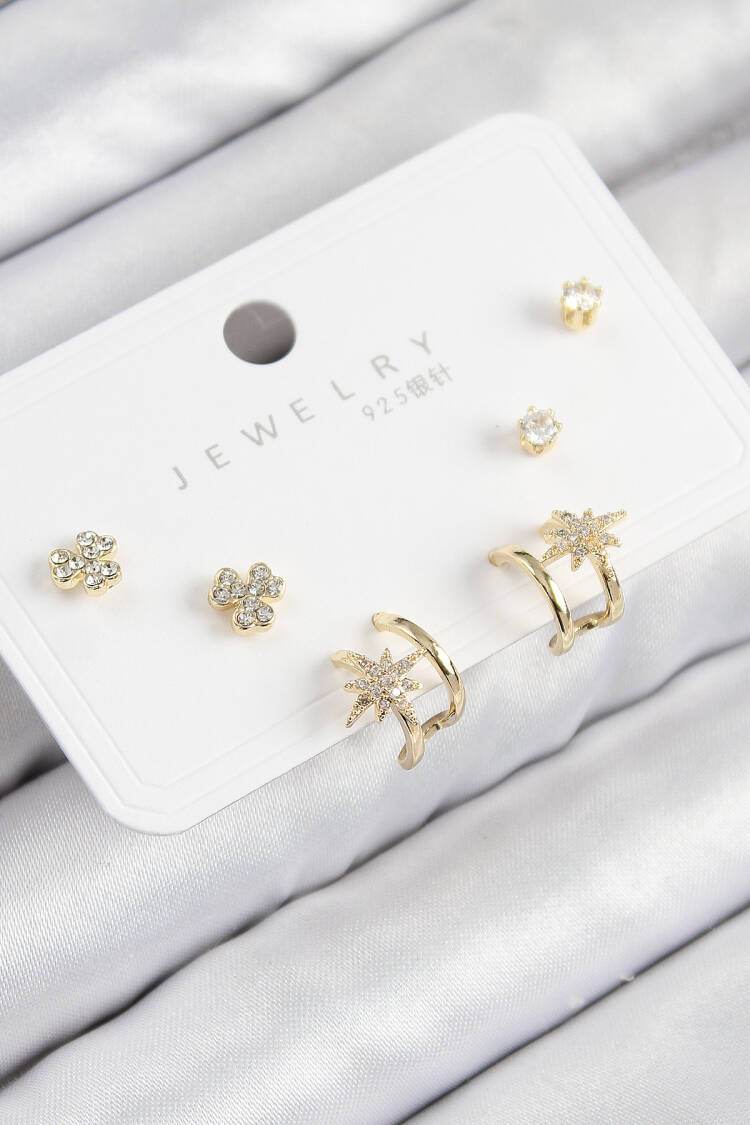 Brass Zircon Stone Pole Star Model Gold Color 925 Sterling Silver Stud Women Earrings Set - Brand: Ebijuteri - Women & Kids, Baby Clothes Wholesale - Globality Store