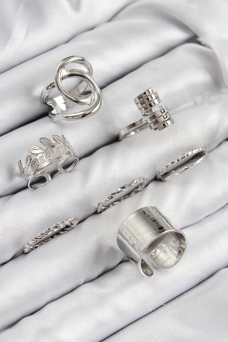 Brass Leaf Pattern Silver Color Women's Ring Combination Set - Brand: Ebijuteri - Women & Kids, Baby Clothes Wholesale - Globality Store