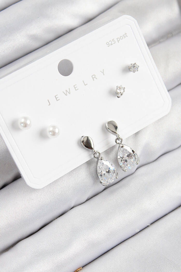 Brass Zircon Stone Rocking Drop Pattern Silver Color 925 Sterling Silver Nails Women Earrings Set - Brand: Ebijuteri - Women & Kids, Baby Clothes Wholesale - Globality Store