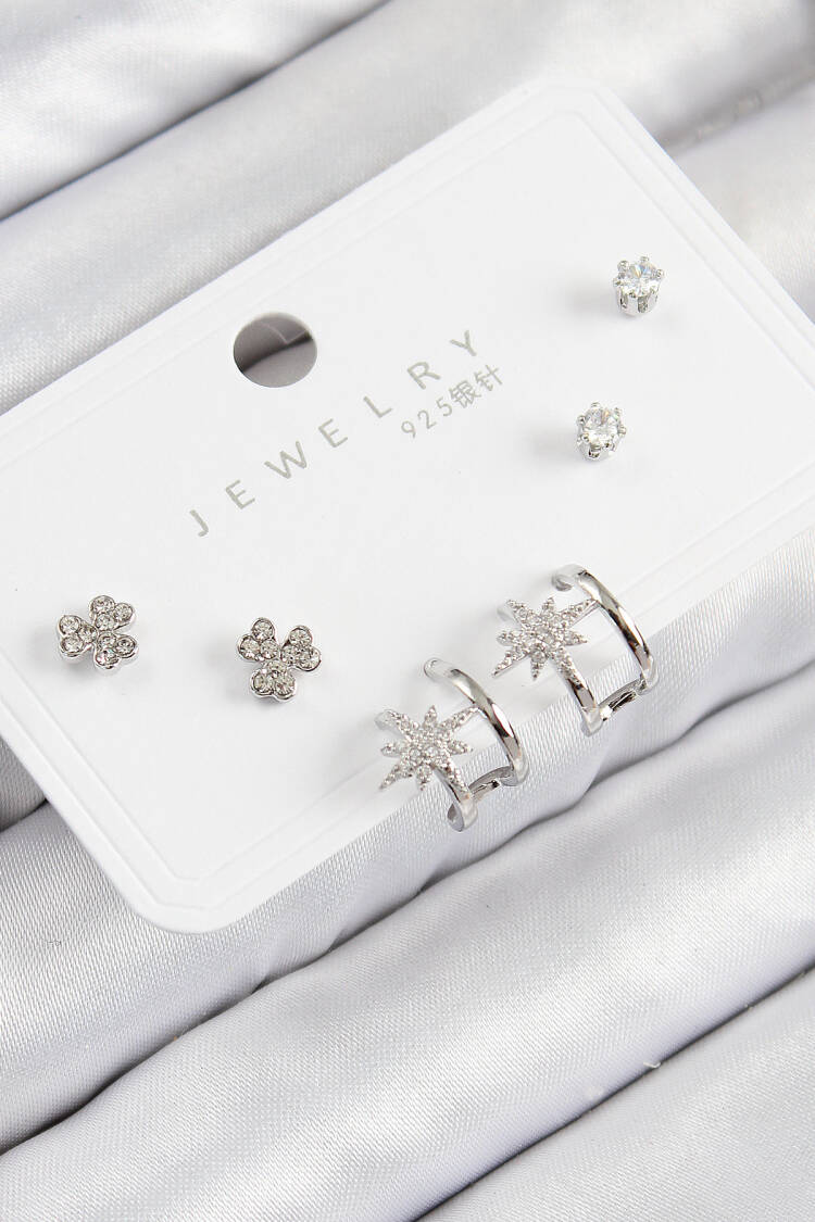 Brass Zircon Stone Pole Star Pattern Silver Color 925 Sterling Silver Stud Women Earrings Set - Brand: Ebijuteri - Women & Kids, Baby Clothes Wholesale - Globality Store