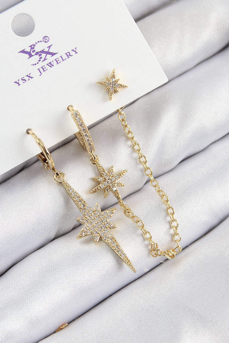 Brass Zircon Stone 3-Piece Pole Star Model Gold Color Women's Earrings - Brand: Ebijuteri - Women & Kids, Baby Clothes Wholesale - Globality Store