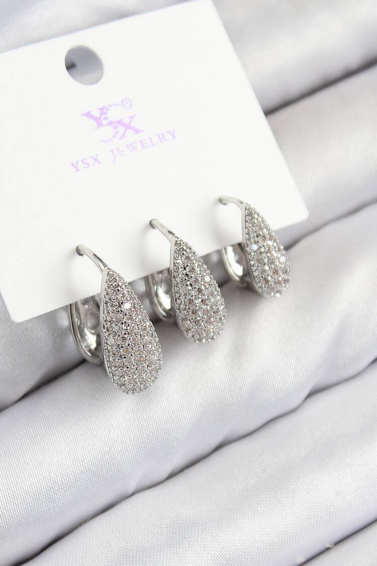 Brass Zircon Stone 3-Piece Drop Pattern Silver Color Women's Earrings - Brand: Ebijuteri - Women & Kids, Baby Clothes Wholesale - Globality Store