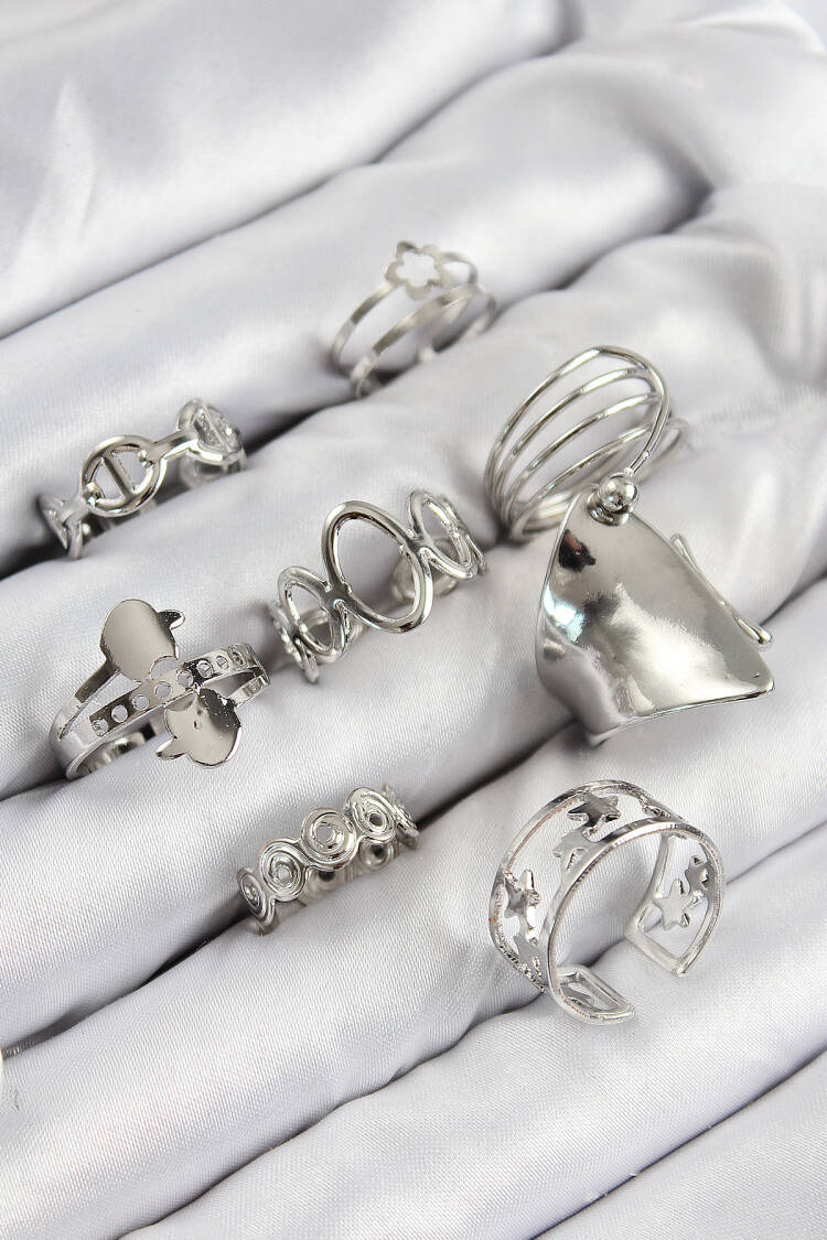 Brass Spiral And Star Pattern Silver Color Women Ring Combination Set - Brand: Ebijuteri - Women & Kids, Baby Clothes Wholesale - Globality Store