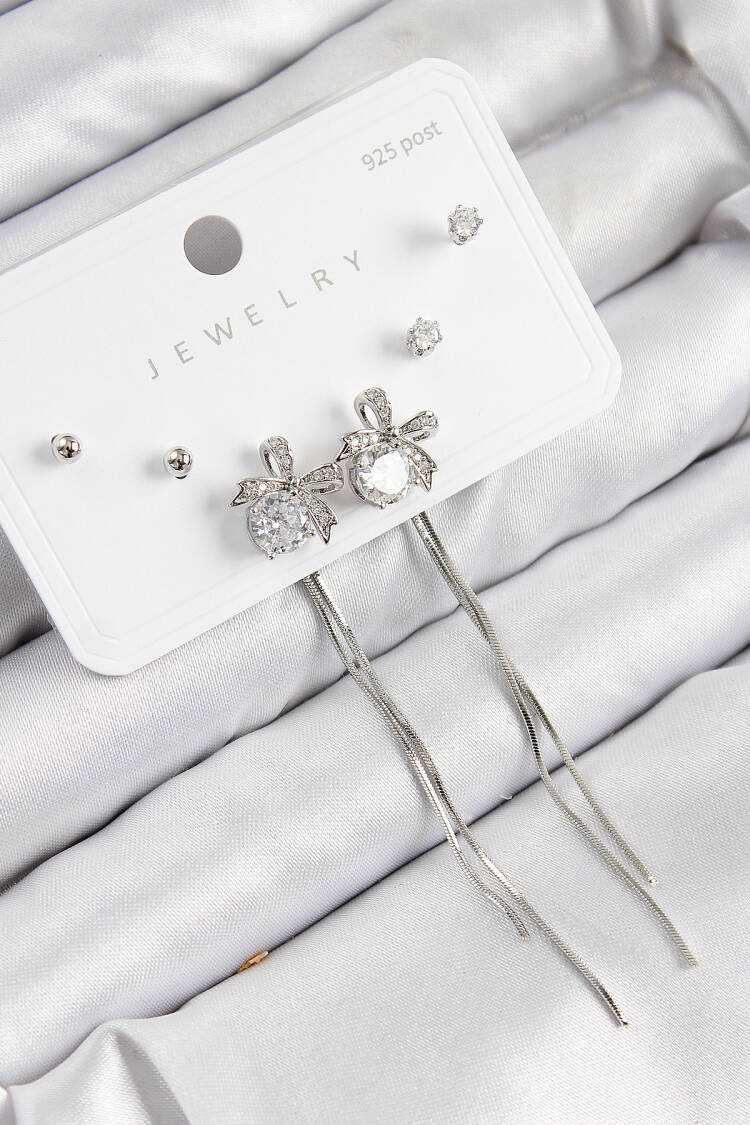 Brass Zircon Stone Rocking Bow Pattern Silver Color 925 Sterling Silver Nails Women Earrings Set - Brand: Ebijuteri - Women & Kids, Baby Clothes Wholesale - Globality Store