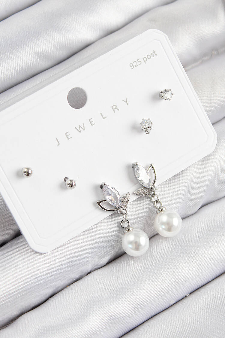 Brass Zircon Stone Pearl Swinging Drop Pattern Silver Color 925 Sterling Silver Nails Women Earrings Set - Brand: Ebijuteri - Women & Kids, Baby Clothes Wholesale - Globality Store