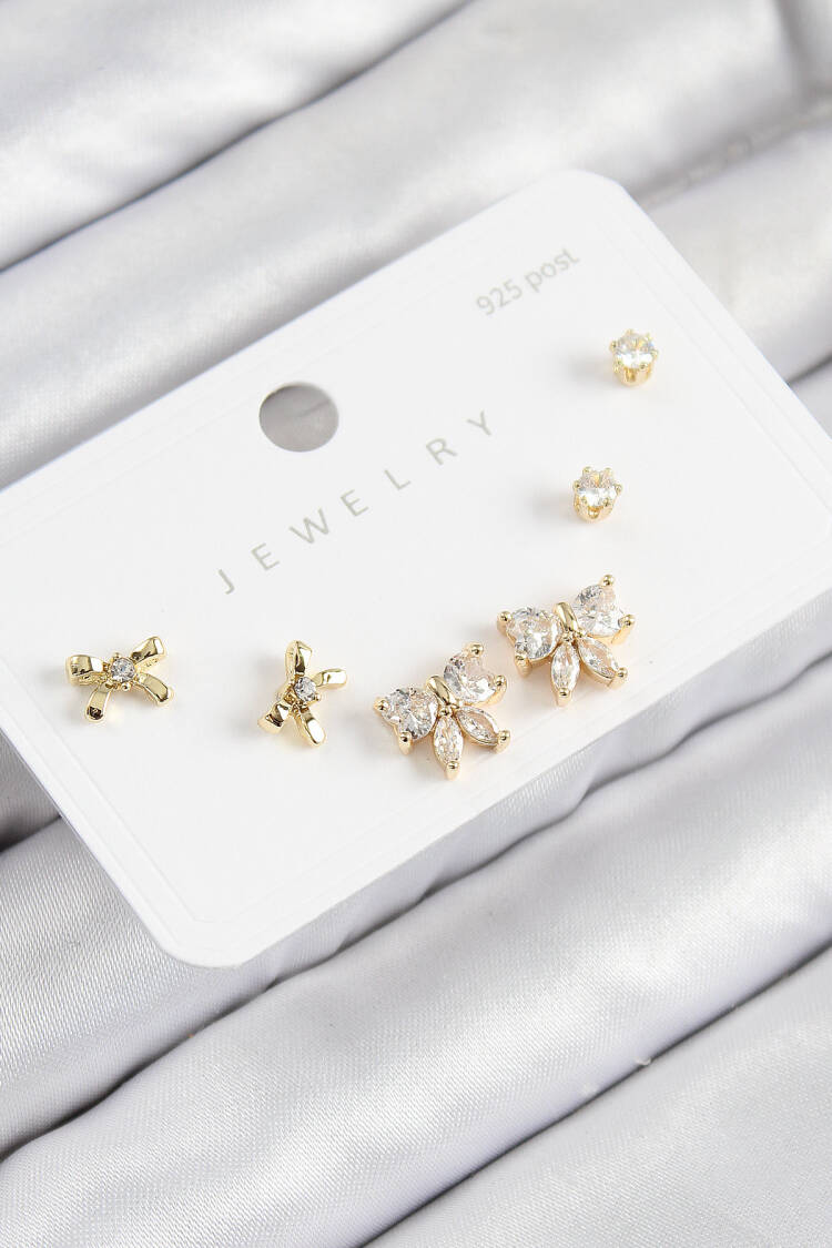 Brass Zircon Stone Bow Model Gold Color 925 Sterling Silver Stud Women Earrings Set - Brand: Ebijuteri - Women & Kids, Baby Clothes Wholesale - Globality Store
