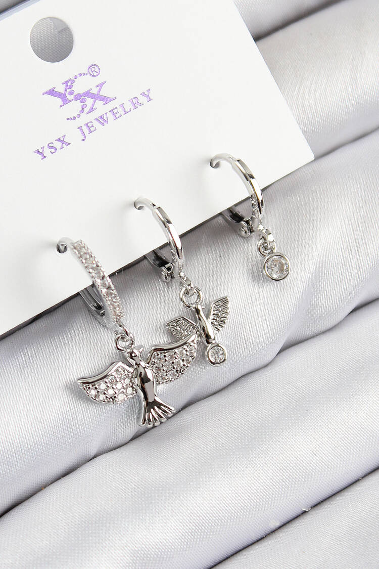 Brass Zircon Stone 3-Piece Bird Pattern Silver Color Women's Earrings - Brand: Ebijuteri - Women & Kids, Baby Clothes Wholesale - Globality Store