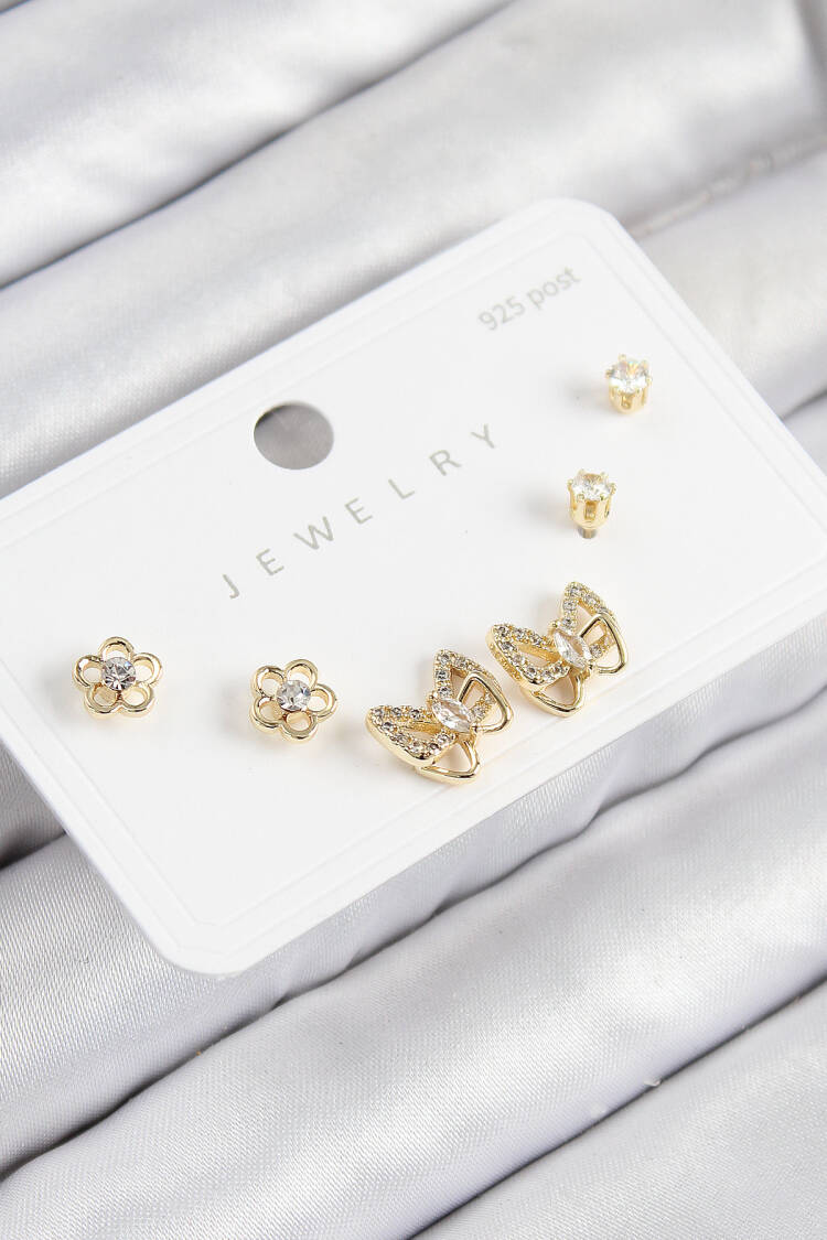Brass Zircon Stone Butterfly Pattern Gold Color 925 Sterling Silver Stud Women Earrings Set - Brand: Ebijuteri - Women & Kids, Baby Clothes Wholesale - Globality Store